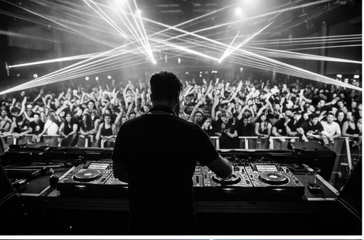 View from behind the booth with lasers over the crowd