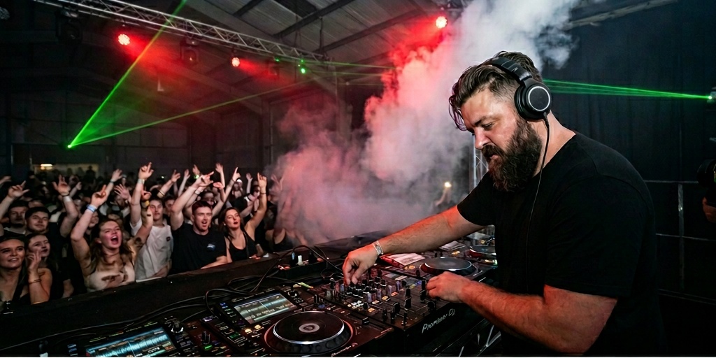 Kalus performing at a festival, wide shot of the booth and crowd