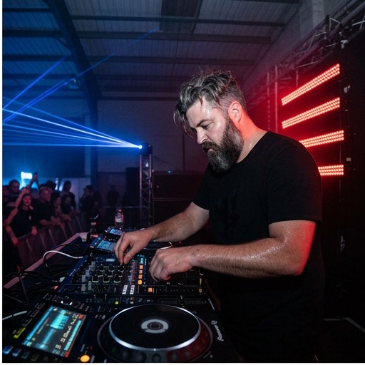 Kalus in the booth surrounded by laser lights